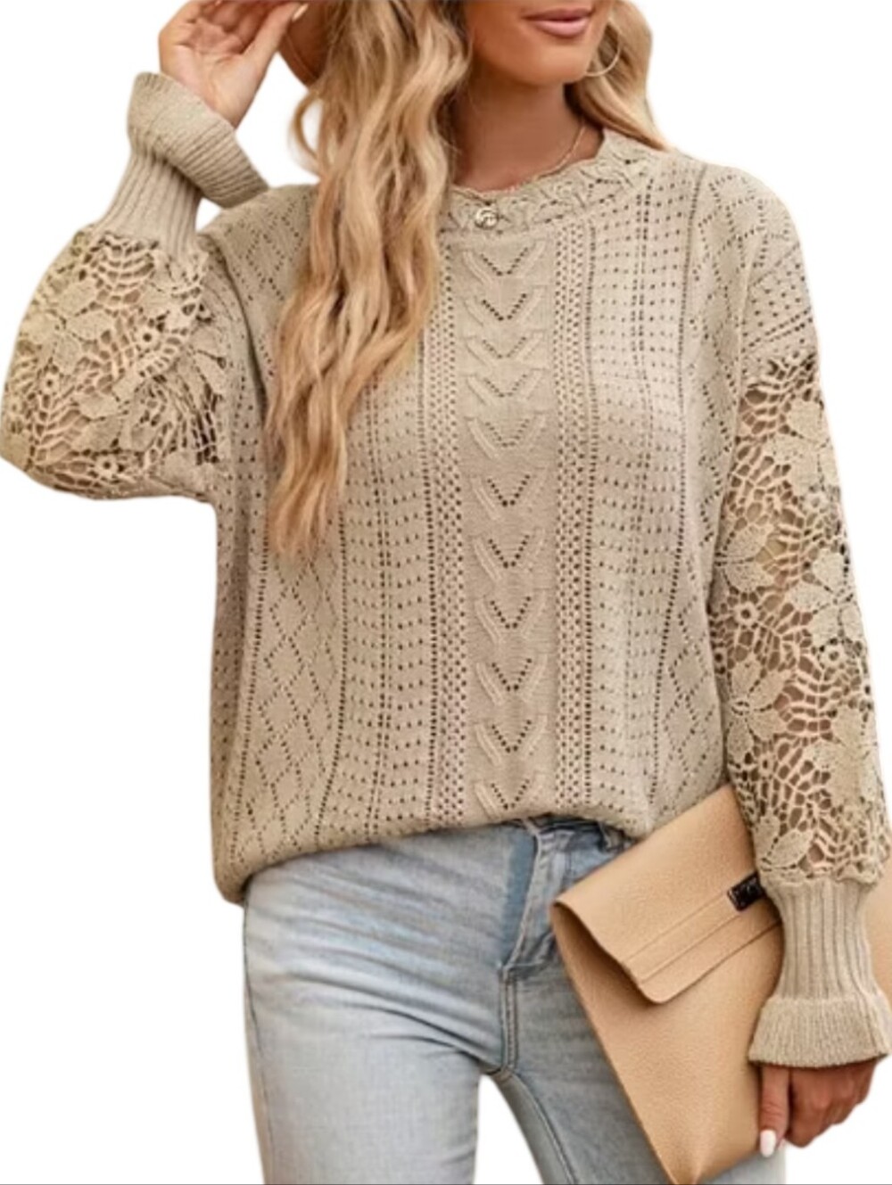 Women's Beige Crochet-Sleeve Crewneck Sweater